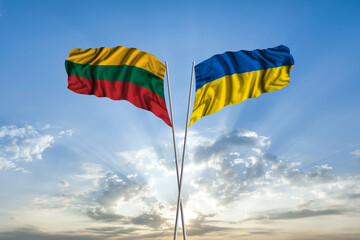 Waving National flag of Ukraine and flag of Lithuania for international unity