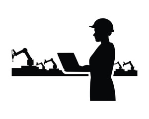 Engineer inspecting automated factory with laptop silhouette