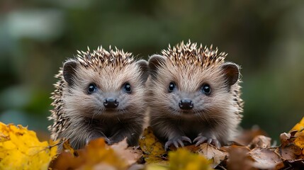 Fototapeta premium Two baby hedgehogs exploring a garden