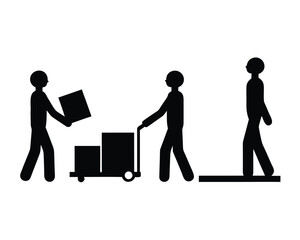 Obraz premium Warehouse workers moving boxes with a cart silhouette