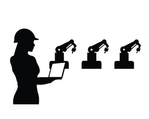 Engineer with laptop overseeing robotic arms silhouette