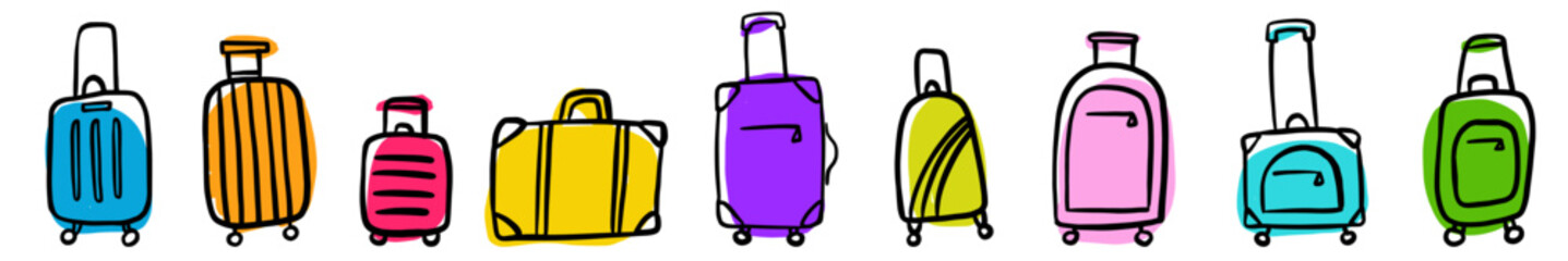 Vector horizontal set of different funny suitcases, hand drawn in doodle style