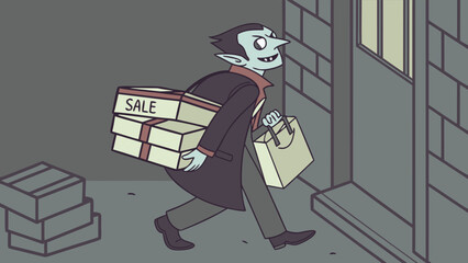 A cheerful vampire with pointed ears and a sly grin walks with shopping bags and boxes labeled sale near a building entrance