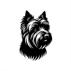 Black and white illustration of a cairn terrier dog head