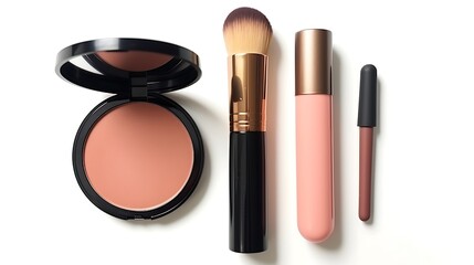 A collection of makeup essentials, including a foundation stick, a pink blush compact, and a thin eyeliner, isolated on a clean white background. Full frame .