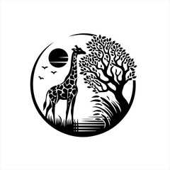 Stylized silhouette of a giraffe and acacia tree in a circle