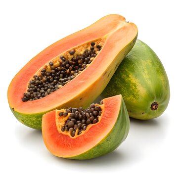 Pusa Dwarf Papaya Charming Compact Tropical Gem with Rich Orange Flesh and Smooth Green-Yellow Skin on White Background Radiating Sweet Freshness, Juicy Aroma, and Orchard Elegance