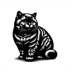 Black and white illustration of a fluffy cat sitting