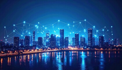 Fototapeta premium Innovative technology networking event in urban cityscape at night stunning digital art depicting connectivity and modern architecture