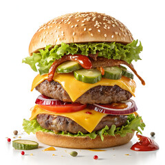 Delicious double cheeseburger with fresh lettuce tomato and pickles