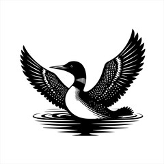 Black and white illustration of a loon with wings spread on water