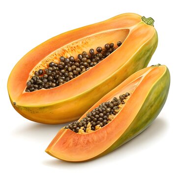 Pusa Giant Papaya Majestic Tropical Titan with Lush Orange Flesh and Smooth Green-Yellow Skin on White Background Overflowing with Sweet Freshness, Juicy Flavor, and Orchard Grandeur