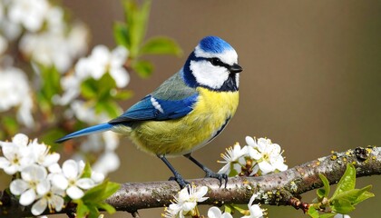 Blue tit perched on flowering branch