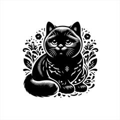 Obraz premium Black cat with floral ornamental design illustration