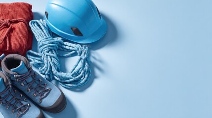 Climbing gear arranged aesthetically on soft blue background sho