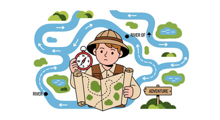 Fototapeta premium Cartoon adventurer exploring with map and compass amidst winding rivers and landmarks