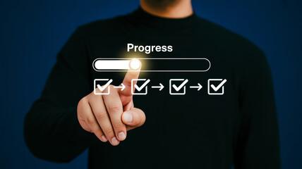 Person touching progress bar with checkmarks loading