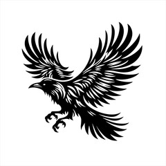 Obraz premium Stylized black raven in flight with spread wings