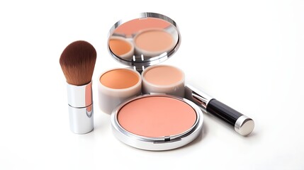 A fresh and natural makeup set with a moisturizing lip balm, tinted moisturizer, and a light bronzer compact, placed on a white background. Full frame .