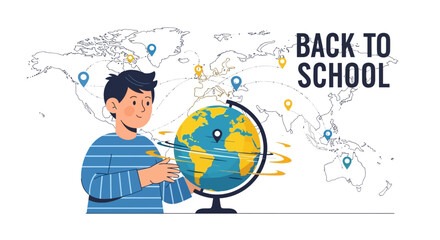 Cartoon illustration depicting back to school concept with boy and world globe map education learning and travel theme