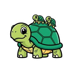 Fototapeta premium Cartoon turtle with three baby turtles on its back smiling 