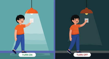 Boy turning light switch on and off, energy conservation, electrical safety, home awareness, power control, eco habits, cartoon illustration, indoor scene © Creative Mind