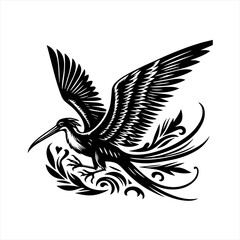 Obraz premium Elegant black silhouette of a bird with ornate tail feathers and wings