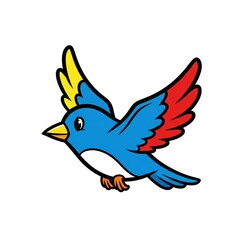 Colorful cartoon bird flying with bright blue and red feathers  