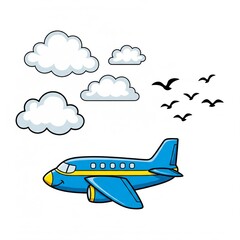 Naklejka premium Cartoon airplane flying in the sky with clouds and birds 