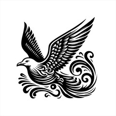 Obraz premium Elegant black and white flying bird with swirling ornate details