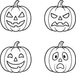 Obraz premium Hand Drawn Halloween Pumpkin Faces Set, Cute Jack O Lantern Vector Illustration