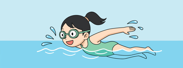 Cartoon swimmer in green swimsuit, freestyle stroke, swimming pool, water splashes, swimming goggles, athletic motion, aquatic sport, swimming technique
