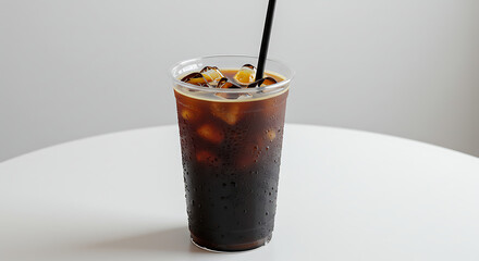 Refreshing Iced Coffee in Clear Plastic Cup with Black Straw Isolated on White Table, Ready to Drink and Enjoy the