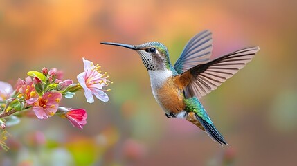 Obraz premium Vibrant hummingbird hovering near delicate flowers