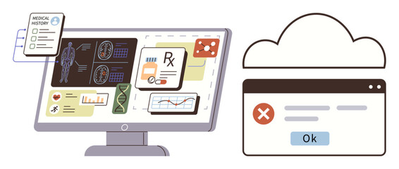 Medical dashboard with patient history, diagnostic charts, and error alert in a cloud-based application. Ideal for healthcare, medicine, remote diagnosis, technology, data security, medical research