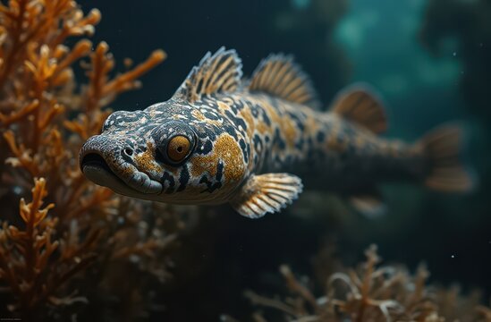 A spotted snakefish with a narrow jaw and spiked dorsal fins weaving through kelp forests. Generative AI