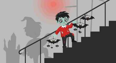 Cartoon Zombie Climbs Stairs with Halloween Bat Decorations Illustration
