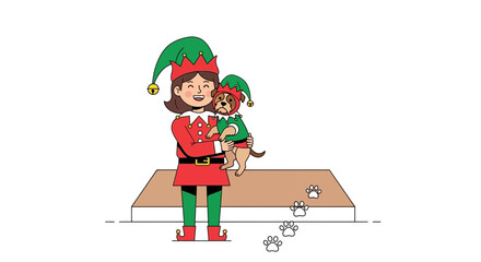 Fototapeta premium Charming Christmas Elf Girl Holding A Dog Wearing Elf Costume For Holiday Joy