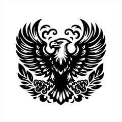 Obraz premium Stylized black eagle emblem with open wings and laurel branches