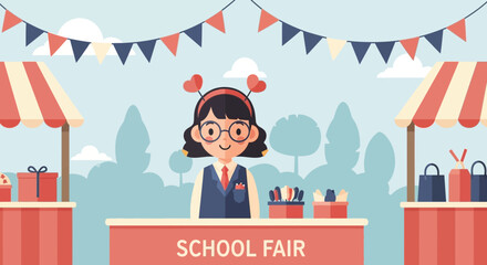 Charming School Fair With Student Vendor And Colorful Booths Decoration