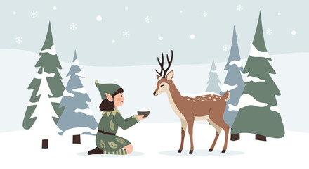 Fototapeta premium Charming winter scene of an elf offering food to a deer in a snowy forest landscape