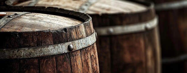 Captivating close-up of aged wooden wine barrels.