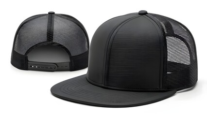 Mockup Black trucker style baseball cap, front and back views, showing adjustable strap.