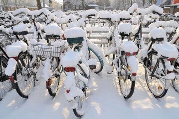 Snow-covered bicycles at a winter bike parking area in the city of Münster, Germany near main railway station © Moritz