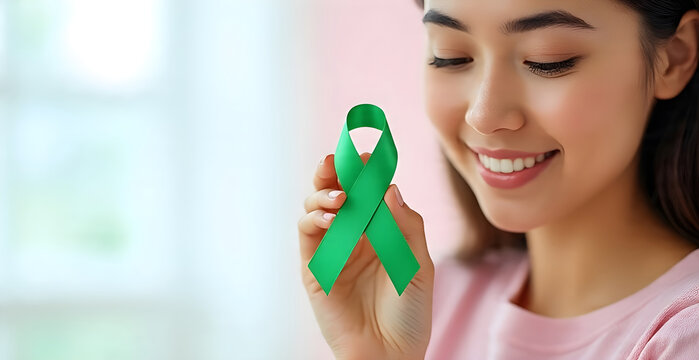Hands holding a green ribbon, mental health support concept, soft background, hope symbolism.