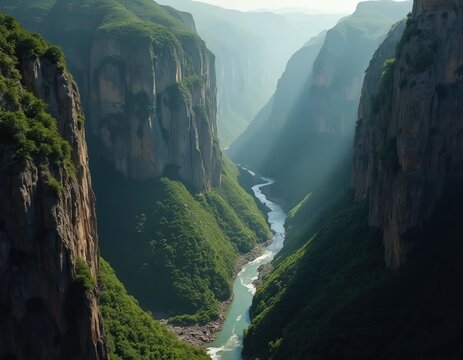 Towering mountains with deep gorges, narrow canyons carved by ancient waters. Rich green vegetation covers steep slopes flanking winding river. Sunlight rays pierce misty atmosphere, creating