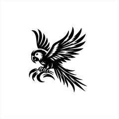 Black parrot flying with spread wings
