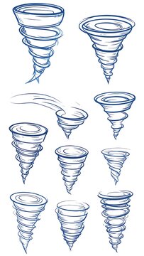Collection of stylized tornado drawings
