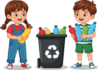 Children recycling plastic bottles, eco-friendly habits, sustainability education, waste management, green living, environmental awareness, conservation, kids learning, recycling bin, outdoors