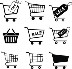 Vector illustration of shopping carts and baskets. A collection of icons depicting e-commerce, sale tags, and retail purchases. Perfect for digital marketing and online stores. © VectaNoor